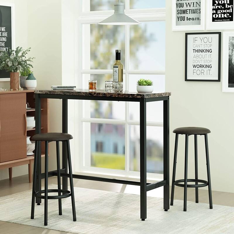 3 Piece Kitchen Pub Dining Set, Modern Faux Marble Counter Height Bistro Bar Table Set with 2 PU Leather Bar Stools