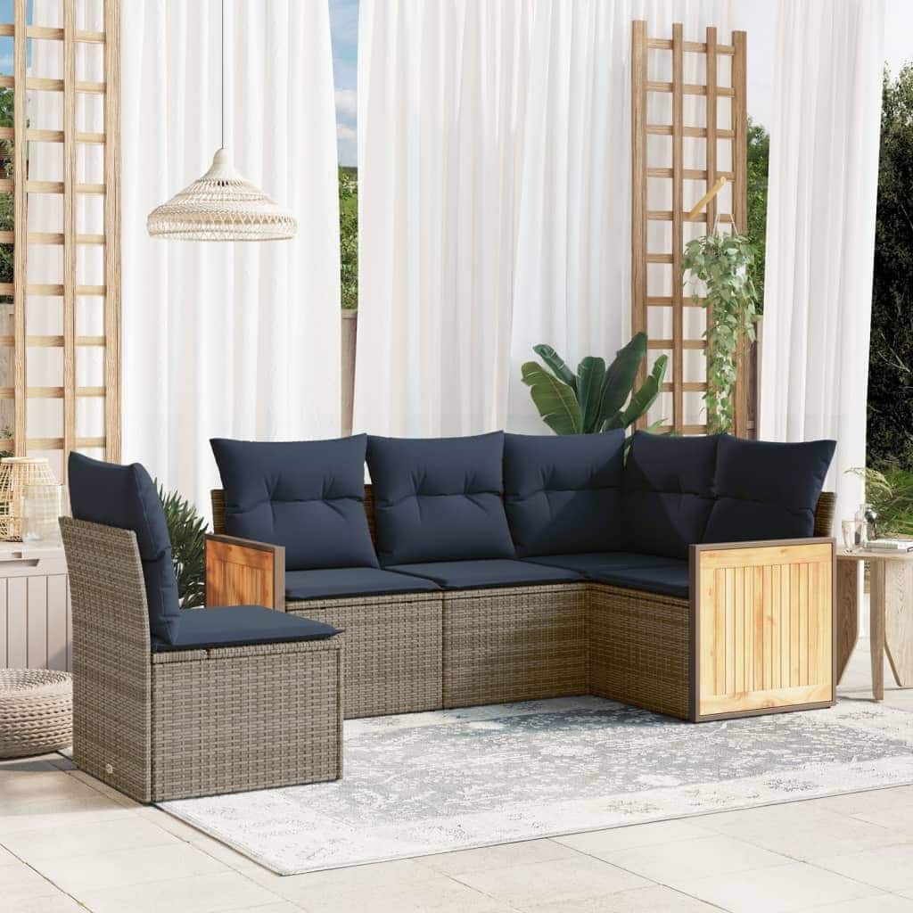 vidaXL 5/6 Piece Patio Sofa Set with Cushions Black/Gray Poly Rattan - 24.4 x 24.4 x 27.2