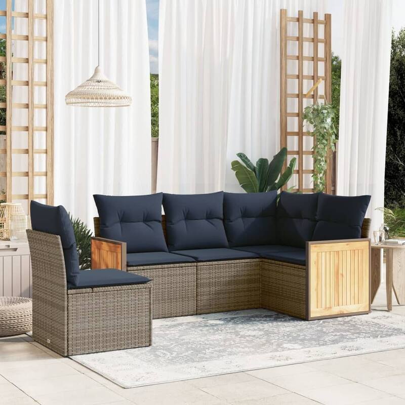 vidaXL 5/6 Piece Patio Sofa Set with Cushions Black/Gray Poly Rattan - 24.4 x 24.4 x 27.2 - Gray Without table