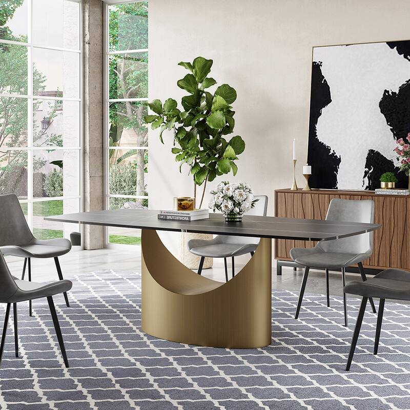 63"-94" Hobart Modern Dining Table with Rectangular Sintered Stone Tabletop and Carbon Steel Leg for 4-10