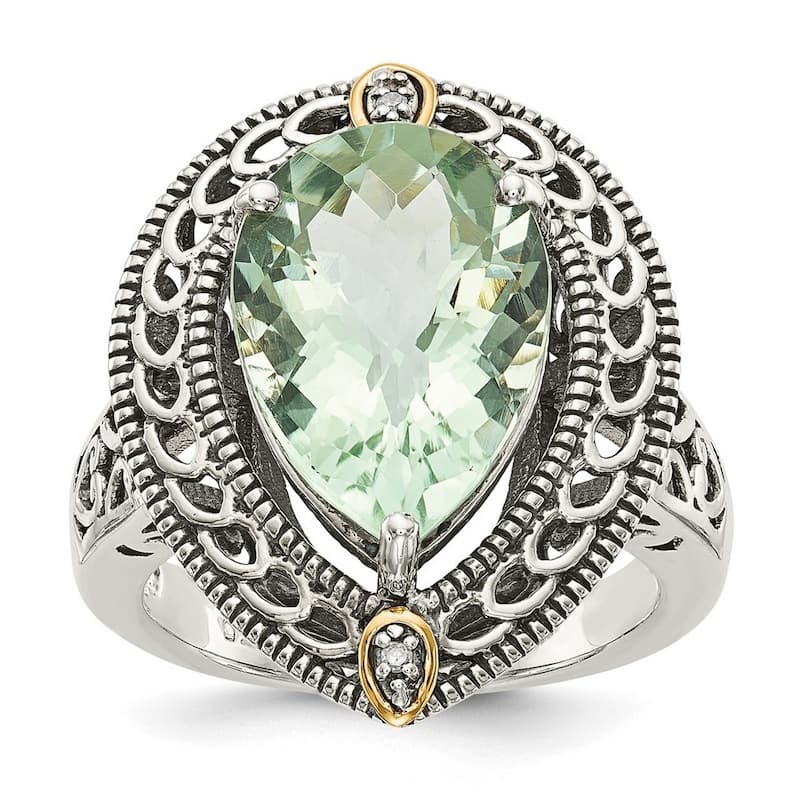 Curata 925 Sterling Silver Polished Prong set Open back With 14k Diamond and Green Quartz Ring