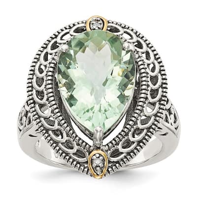Curata 925 Sterling Silver Polished Prong set Open back With 14k Diamond and Green Quartz Ring