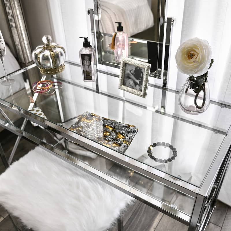 Furniture of America Davila Glam Metal 3-Piece Makeup Vanity Set with Mirror and Bench