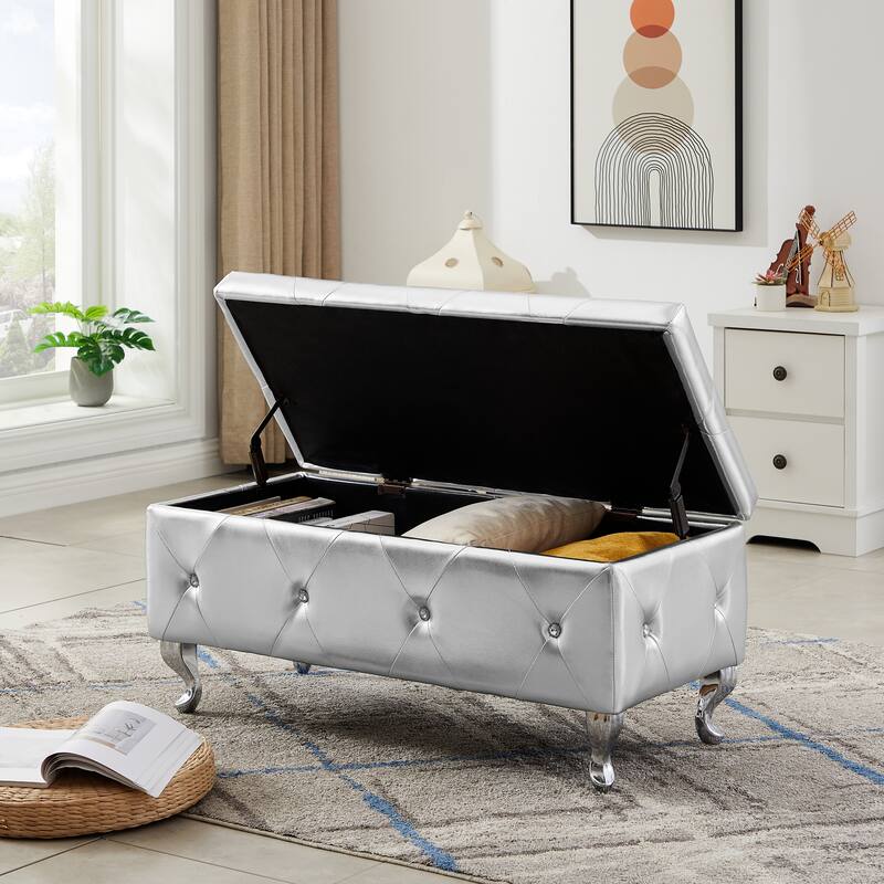 PU Tufted Fabric Storage Bench with Flip Top and Sturdy Metal Feet
