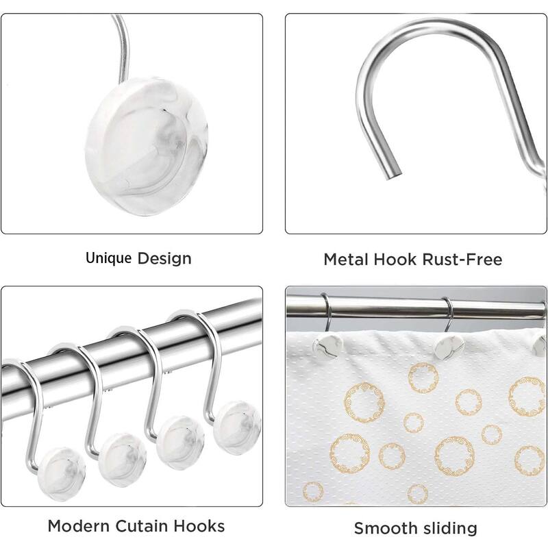 12 Piece Set - Chrome White Heavy Duty Shower Curtain Hooks Rings Rustproof Metal