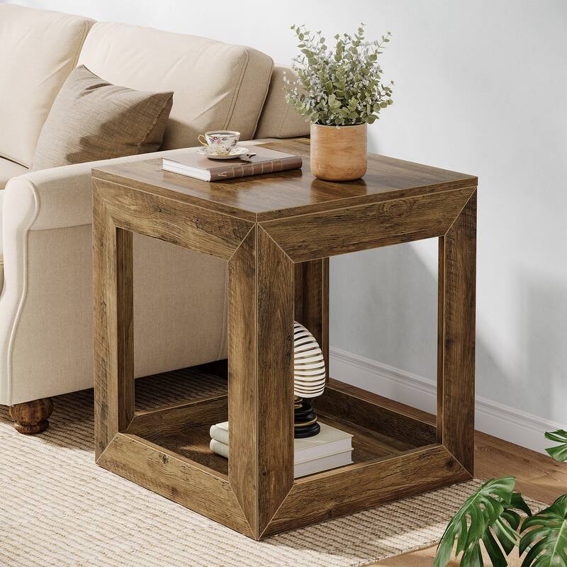 2-Tier Farmhouse End Table with Open Shelf, Wooden Accent Table for Living Room