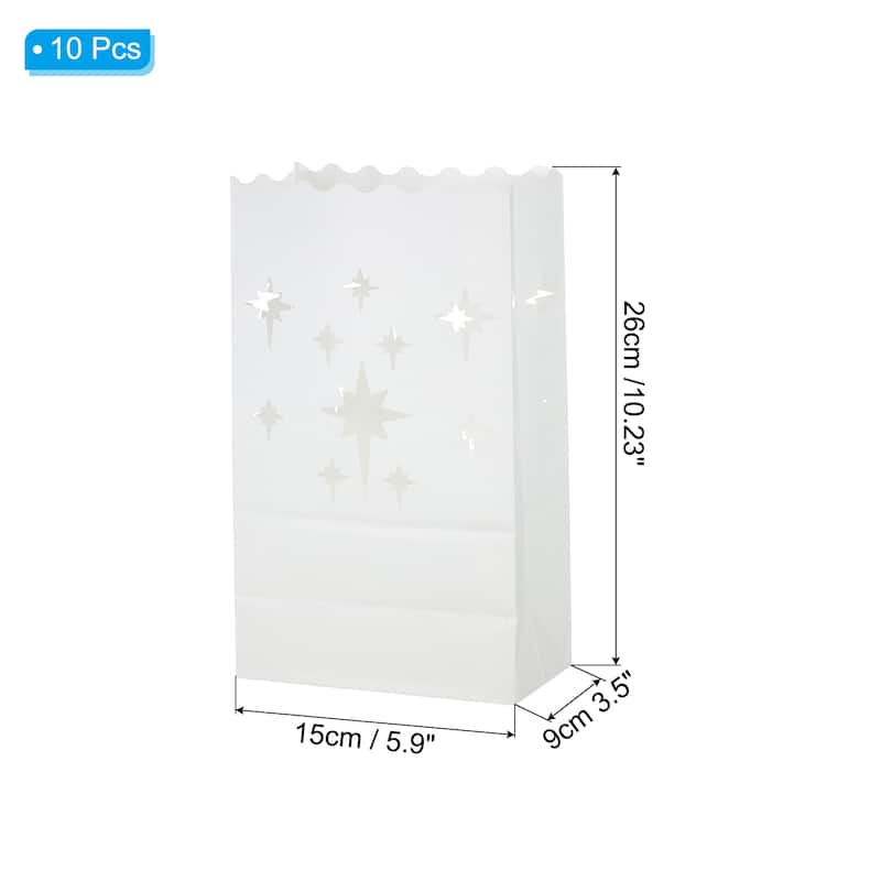 White Paper Luminary Bags, Stars Flame Resistant Candle Bags - 10 Pcs