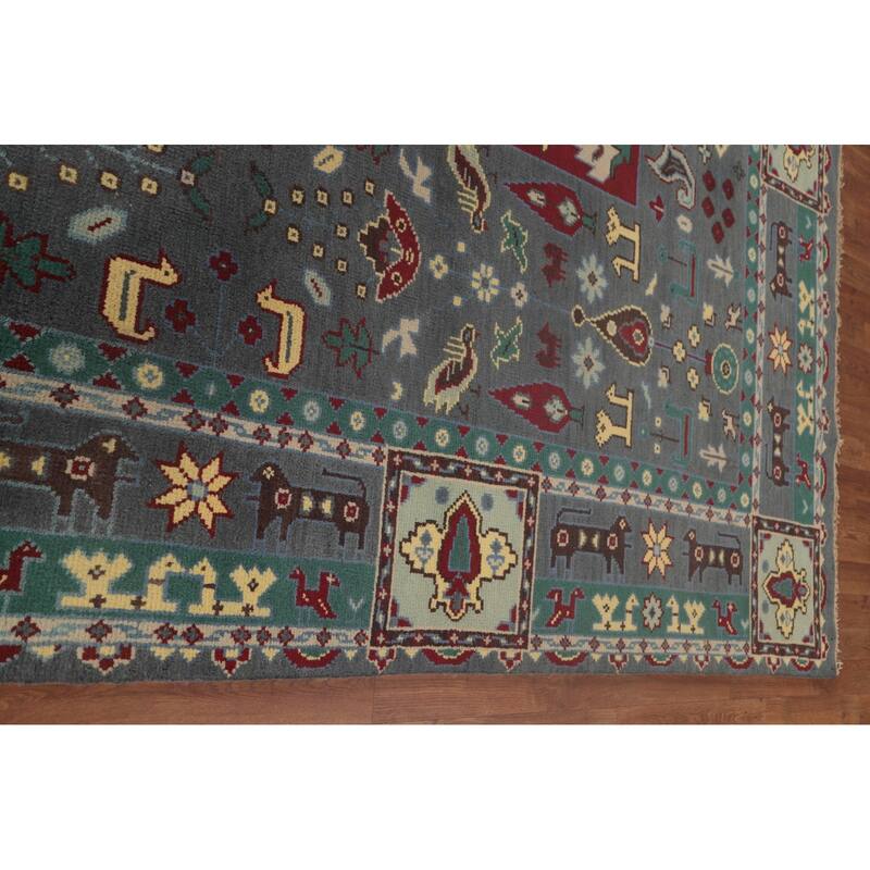 Geometric Grey Kazak Area Rug Handmade Wool Carpet - 8'9"x 11'7"