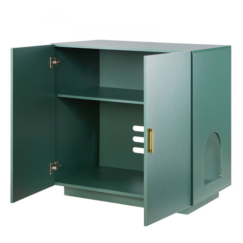Dark Green P2 Particle Board Cat Litter Box Enclosure with Gold Handles - 31.50 × 19.69 × 31.10 inch