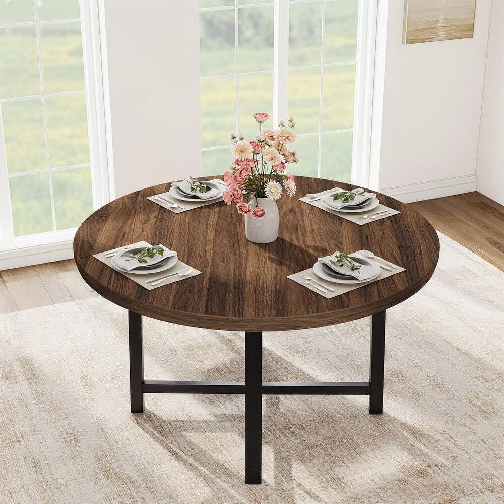 47" Round Dining Table, with Sturdy Metal Frame & Rustic Brown Finish