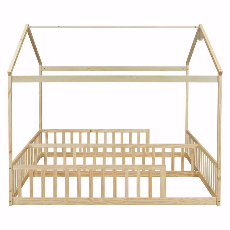 Double Twin House-Style Floor Bed with Fence and Guardrails, No Door