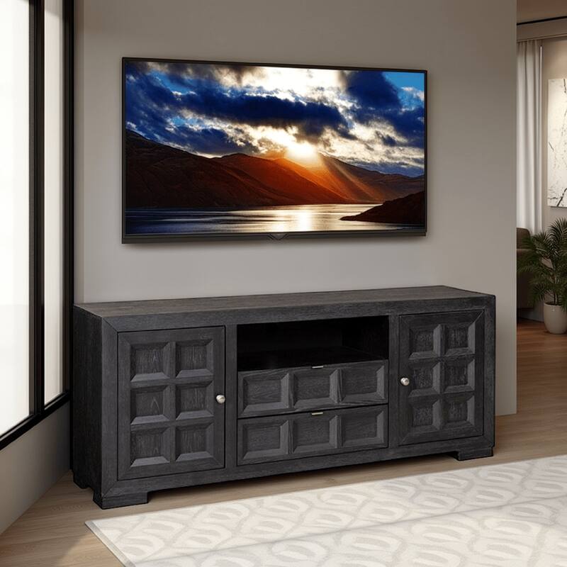 Kizie TV Stand Cabinet, Storage Drawers, Modern Black Wood, 72 Inch