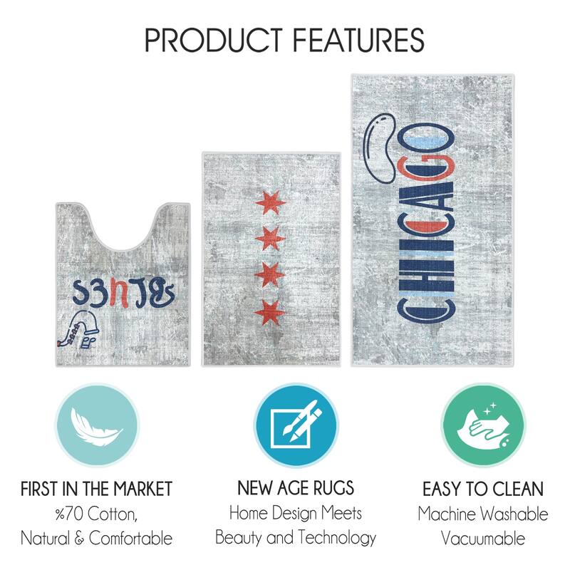 US States Design 3 Piece Bathroom Rugs Set - Non-Slip Ultra Thin Bath Rugs for Bathroom Floor - Washable Bathroom Mats Set