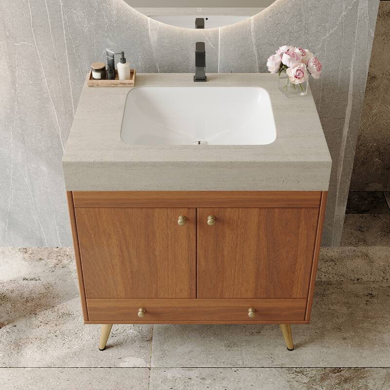 Free-standing Bathroom Vanity with Faux Marble Top & Ceramic Sink, 30" Double Door Storage Cabinet, Waterproof Engineered Wood