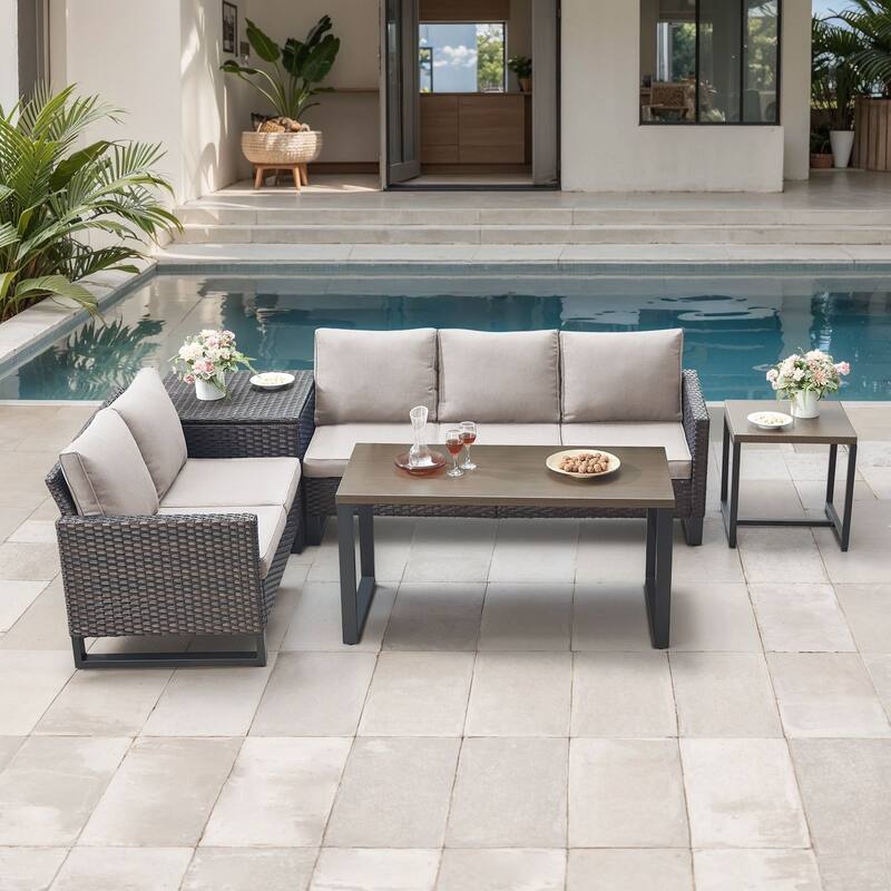 Gymojoy 5 Person All-Weather Wicker Outdoor Conversation Set Seating Group With Side Table And Storage Box - Brown Wicker / Beige Cusion - 5-Piece