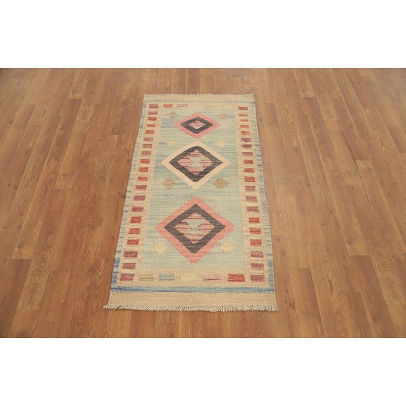 Hand Woven Oriental 100% Wool Carpet Southwestern Tribal Navy Blue & Blues Kilim Area Rug - 4' 0'' X 2' 0''