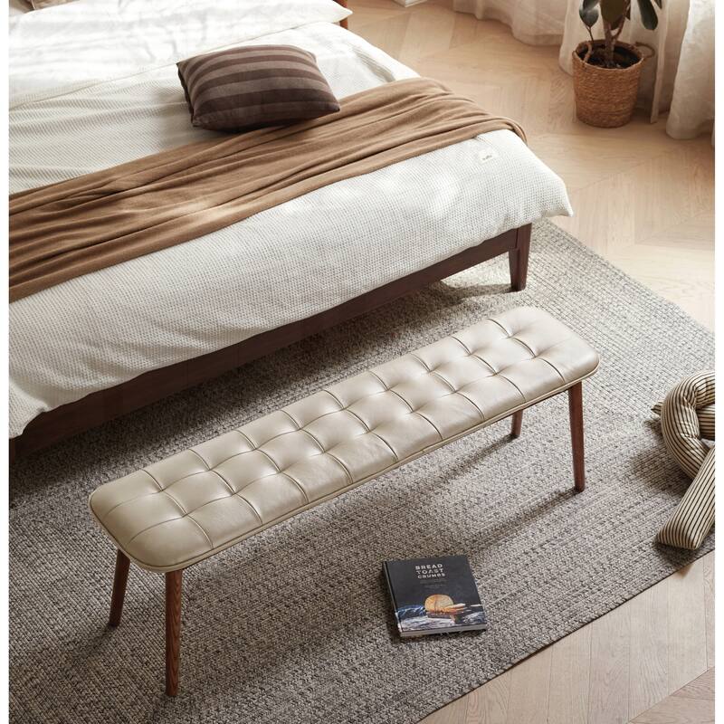 Versatile Oak Wood Bench with Leather Cushion for Various Rooms