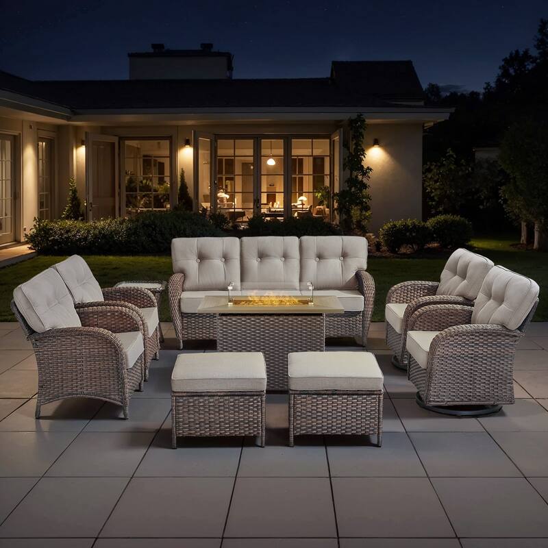 TWrap Wicker Patio Fire Pit Conversation Set with 3-Seat Sofa & Swivel Gliders & Armchairs - Brown/Beige - With 2 Ottomans