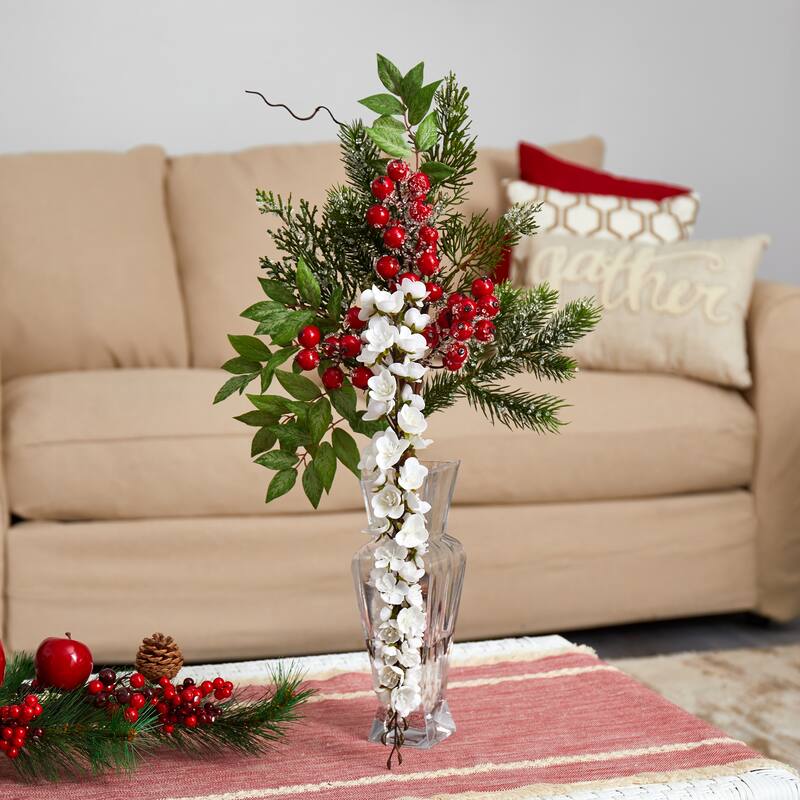 25" Wisteria, Iced Pine and Berries Artificial Arrangement in Glass Vase - 25