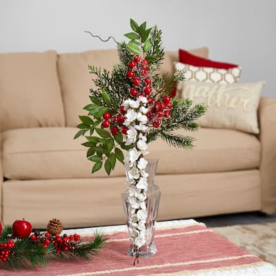 25" Wisteria, Iced Pine and Berries Artificial Arrangement in Glass Vase - 25