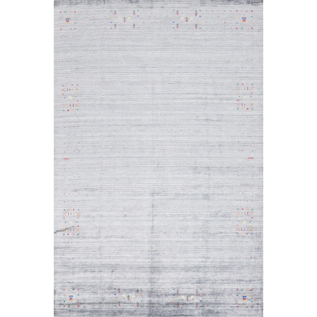 Hand Knotted Oriental Viscose Silk Carpet Tribal Animal Pictorial Greys & Charcoal Gabbeh Area Rug - 11' 9'' X 8' 7''