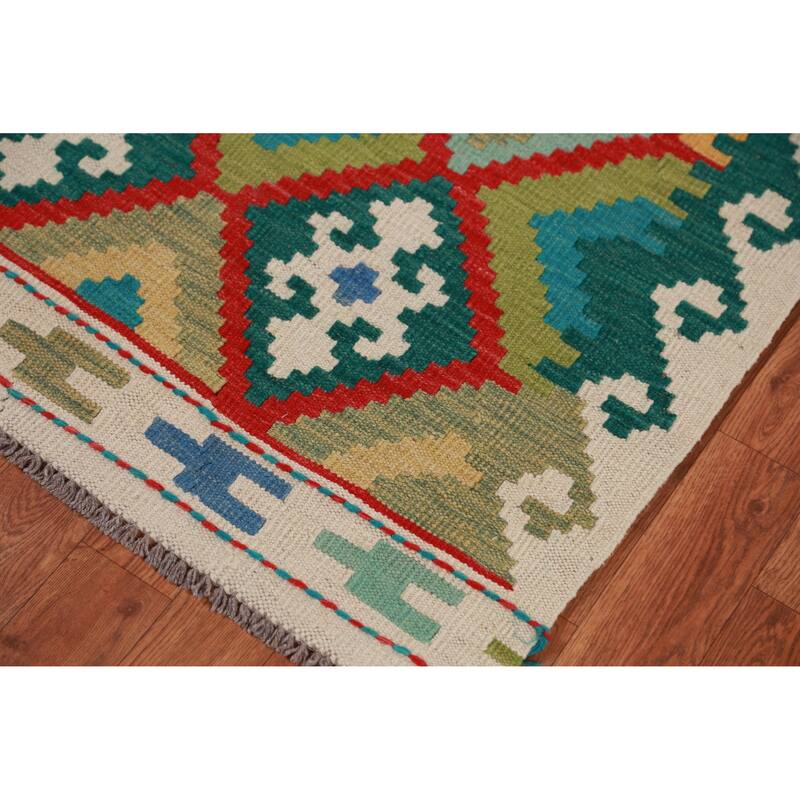 Hand Woven Oriental 100% Wool Carpet Southwestern Geometric Multi-Colored Kilim Runner Rug - 16' 1'' X 2' 9''