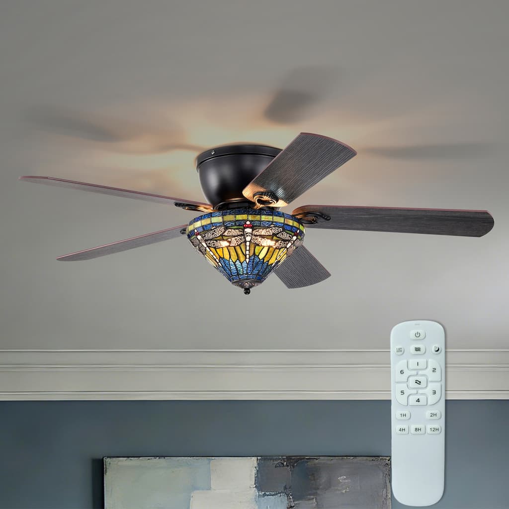 Penana 52-Inch Flushmount Lighted Ceiling Fan Green Blue Dragonfly Tiffany Glass Lamp Black Finish