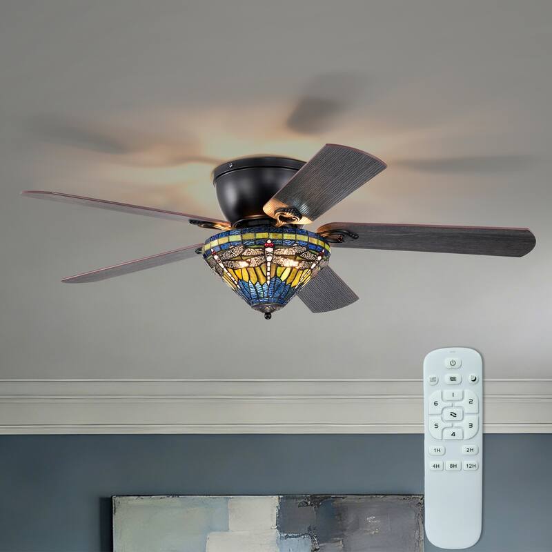 Penana 52-Inch Flushmount Lighted Ceiling Fan Green Blue Dragonfly Tiffany Glass Lamp Black Finish