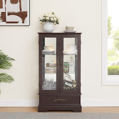 Lighted Glass Curio Cabinet with Adjustable Shelves - Elegant 2-Door Display Cabinet & Built-in Drawer, Includes Bulb