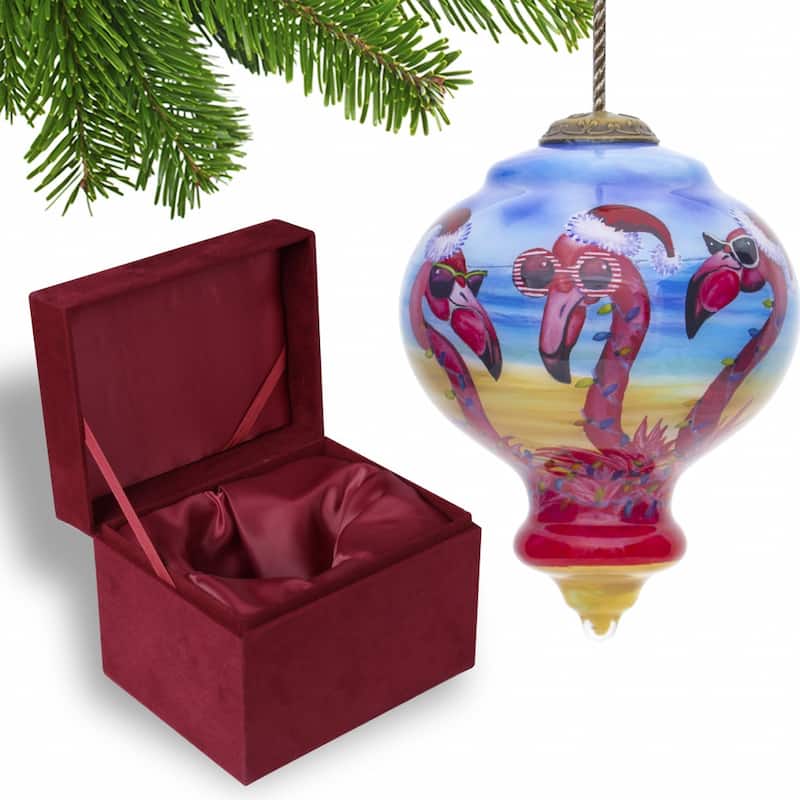 Pink Christmas Flamingos Hand Painted Mouth Blown Glass Ornament - 3.75" x 2.75" x 2.75"