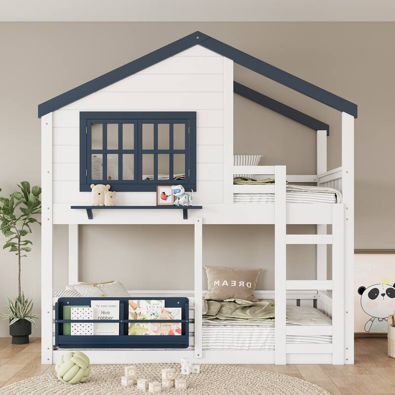 Fairytale House Bunk Bed Wood Loft Bed Frame with Bookshelf and Shelf - White - Twin