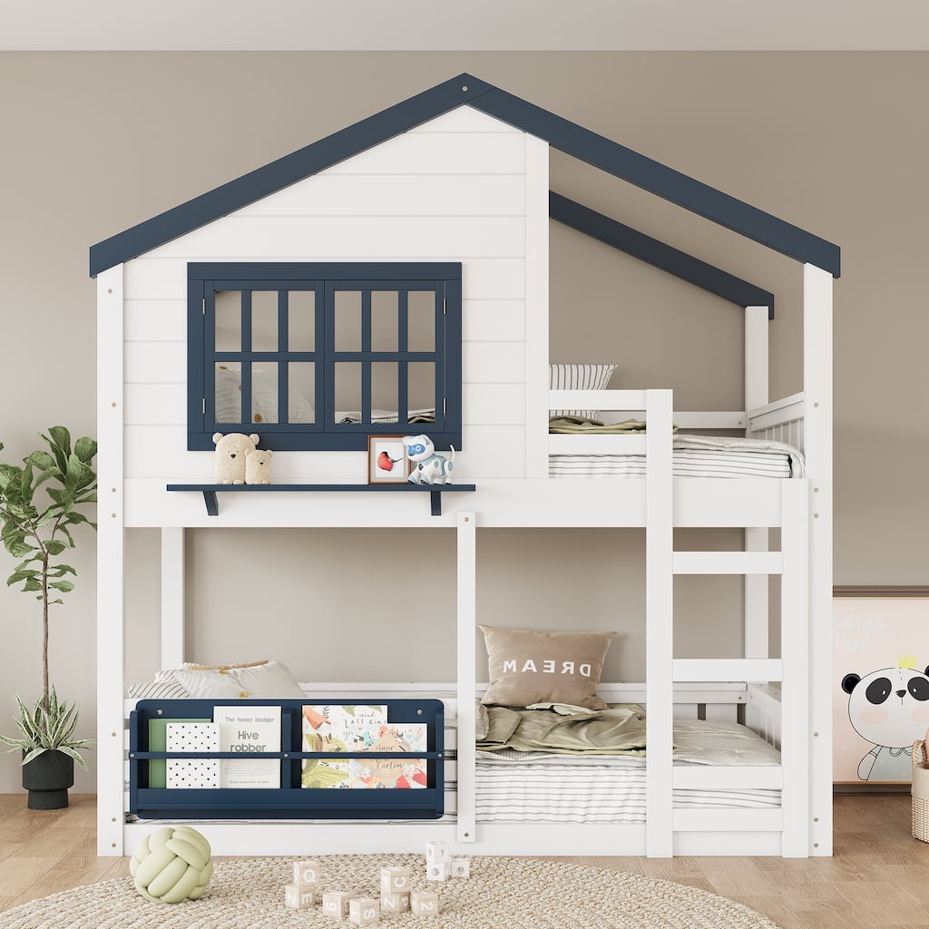 Roomfitters Twin House Bunk Bed with Bookshelf and Ladder, Solid Wood Frame with Roof, White and Blue