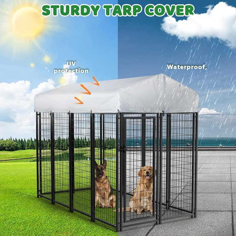 BOSSIN Large Outdoor Dog Kennel Galvanized Steel Fence with UV-Resistant Oxford Cloth Roof & Secure Lock