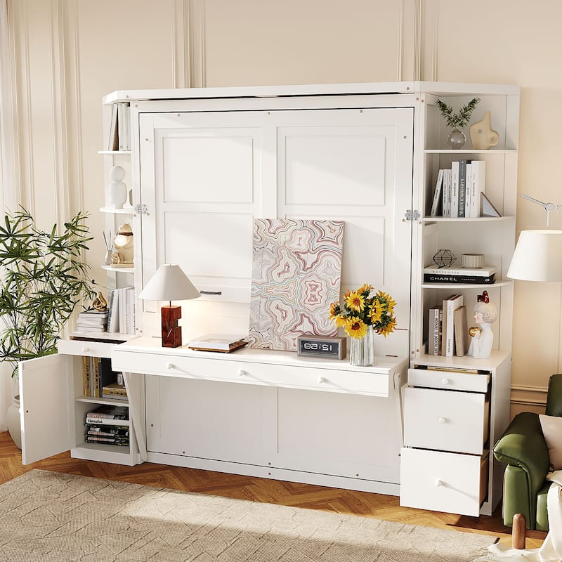 Queen Murphy Bed Wall Bed with Integrated Desk Cabinets Shelves - White - Queen