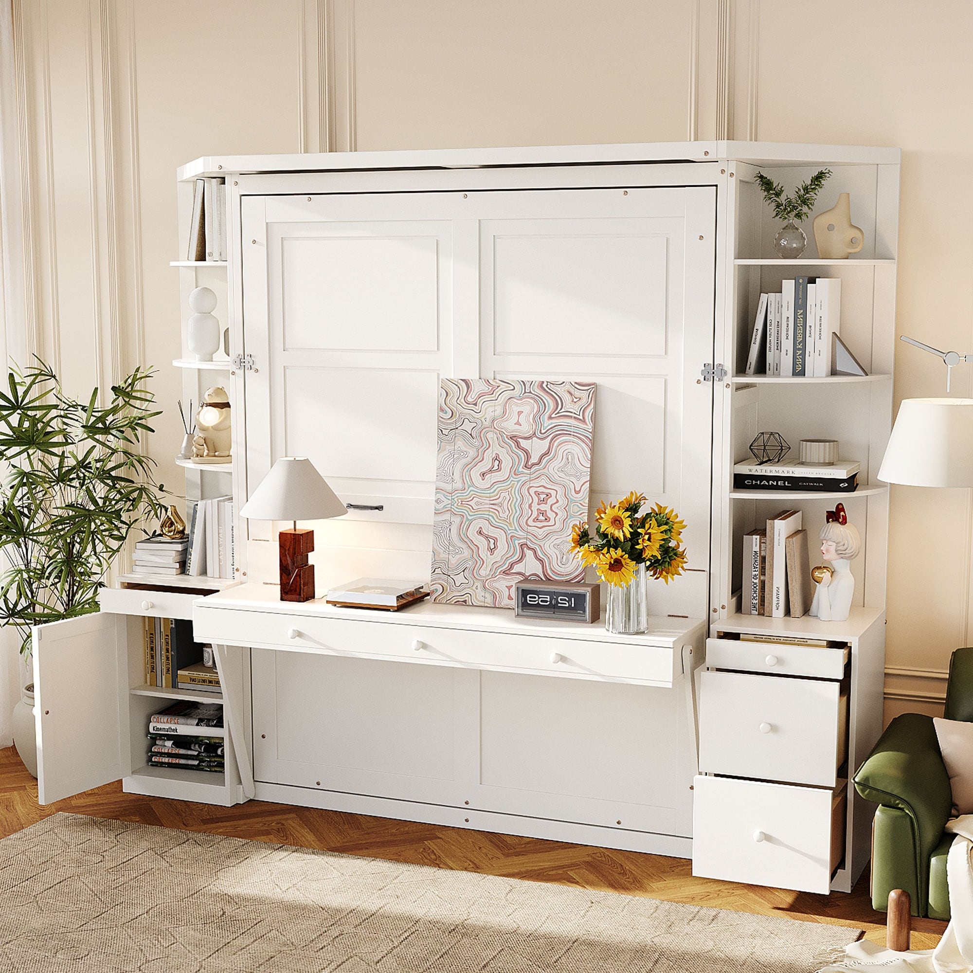 Roomfitters Queen Murphy Bed with Desk Storage Shelves and Cabinets Home Office