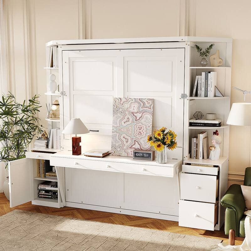 Roomfitters Queen Murphy Bed with Desk Storage Shelves and Cabinets Home Office - White