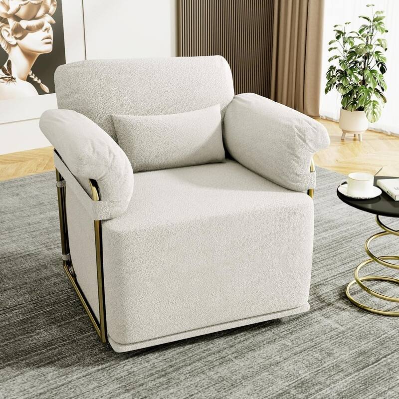 360 Degree Square Swivel Accent Sofa Chair with Gold Metal Legs - Beige