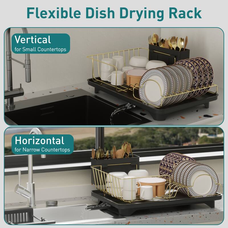 Dish Drying Rack for Kitchen Countertop, Gold Stainless Steel Dish Drainer with Drain Board, Utensil Holder & Anti-Slip Feet