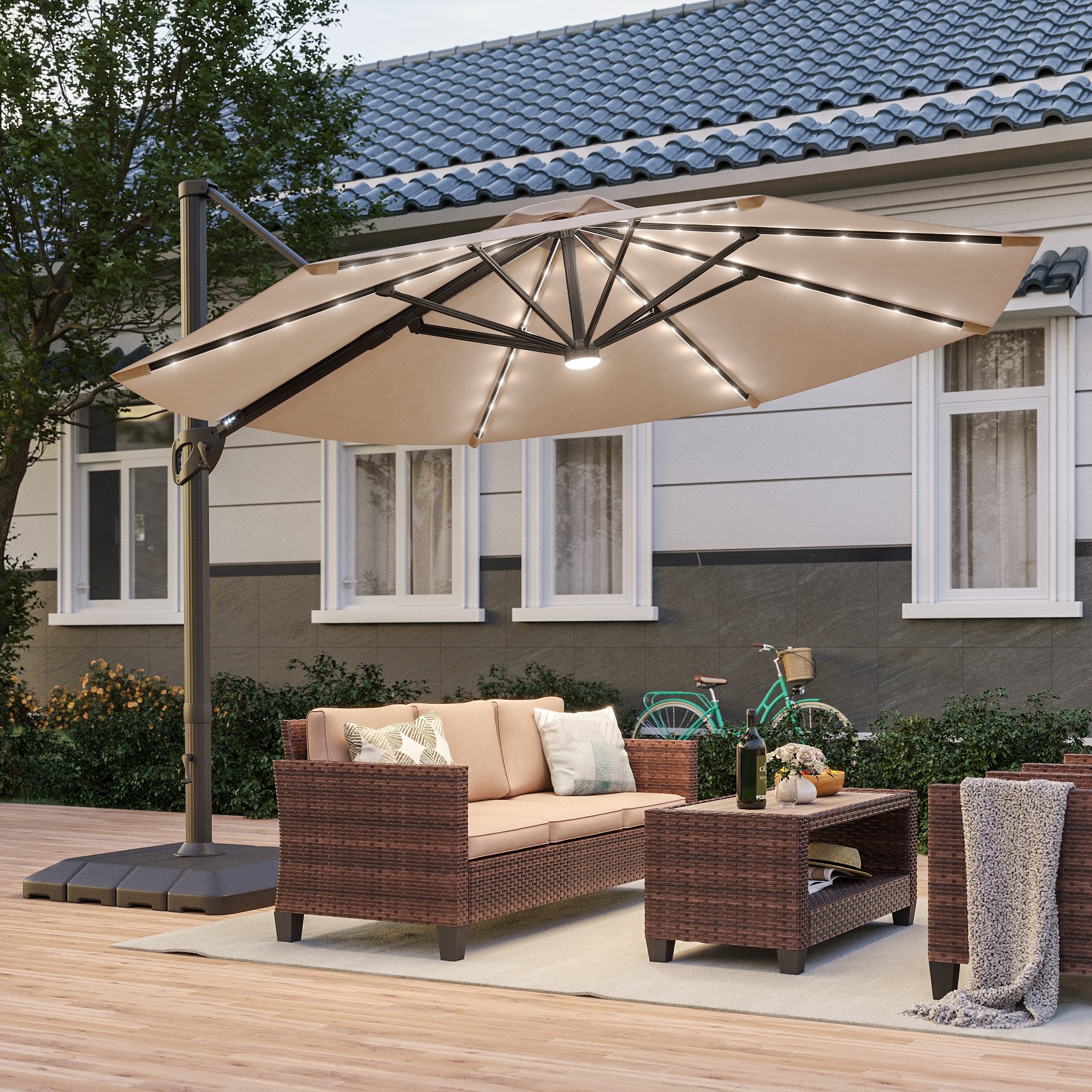 large patio umbrella cantilever MEVBC 10x13FT with LED Lights and Base Included reducing heat buildup and enhancing stability in breezy conditions Mojia 10x10 FT Square Cantilever