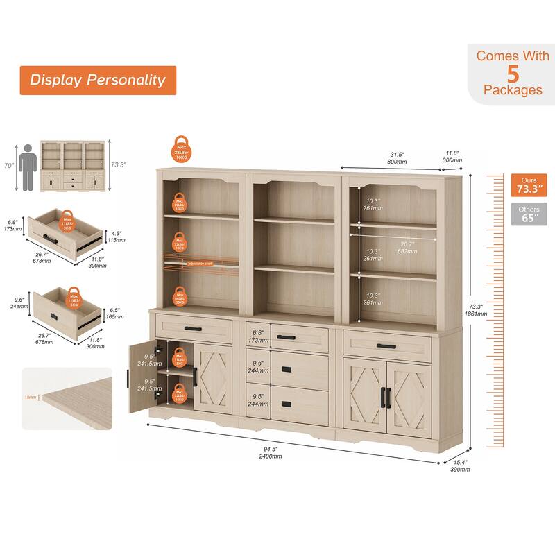 3-Column 73.3" Tall Bookshelf Set with Open Storage and Glass Doors