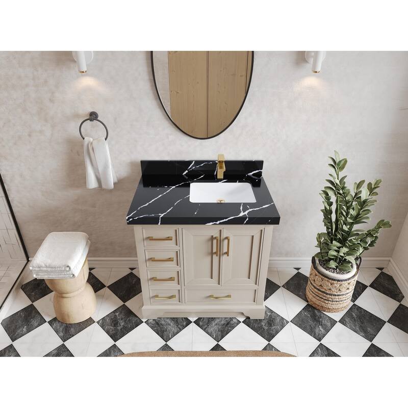 Willow Collections 36 x 22 Charlotte D Right Offset Sink Bathroom Vanity with Countertop - 2" Calacatta Black - Fine Grain