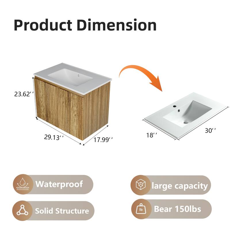 30 Inch Folding Wall Cabinet with Ceramic Sink, Patented 1-Minute Install, Space-Saving Modern Bathroom Cabinet
