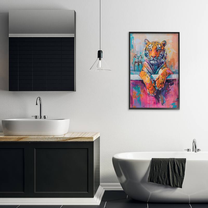 Stupell Bathing Tiger in Bright Tub Framed Giclee Art Design By LSR Design Studio