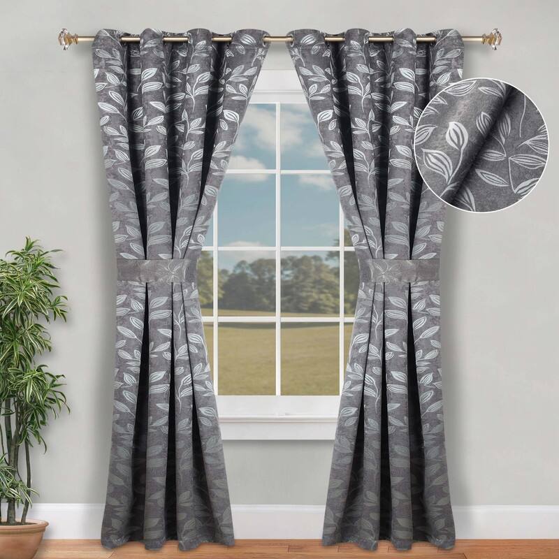 Superior Leaves Machine Washable Room Darkening Grommet With Ties Blackout Curtains, Set of 2