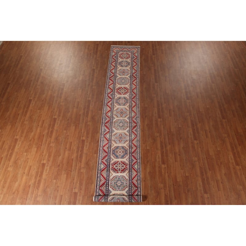 Geometric Kazak Runner Rug Handmade Beige Oriental Wool Carpet - 2'7" x 15'5"