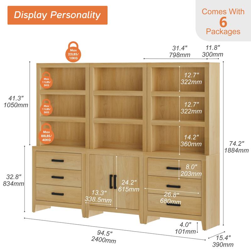 WAMPAT 74" 3-Piece Bookcase, Farmhouse Storage with Doors & Drawers