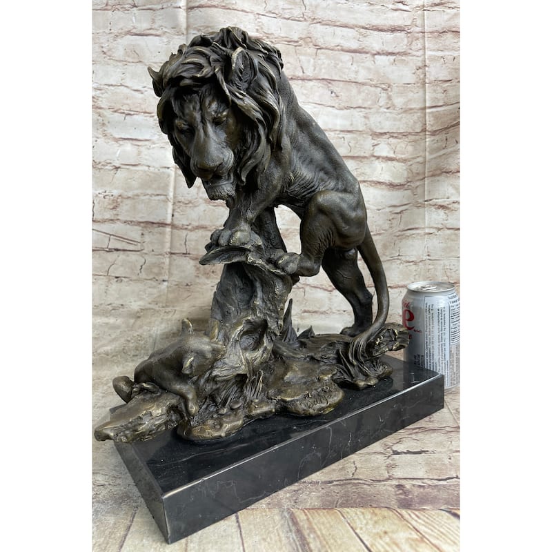 Male Imitative Lion W/ Cub Bronze Statue Sculpture Figure Barye Decor 14 Inches X 12 Inches