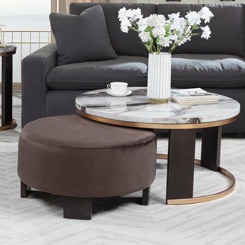 Best Master Furniture Aldora Icelandic Ivory Marble Nesting Coffee Table with Chocolate Velvet Ottoman