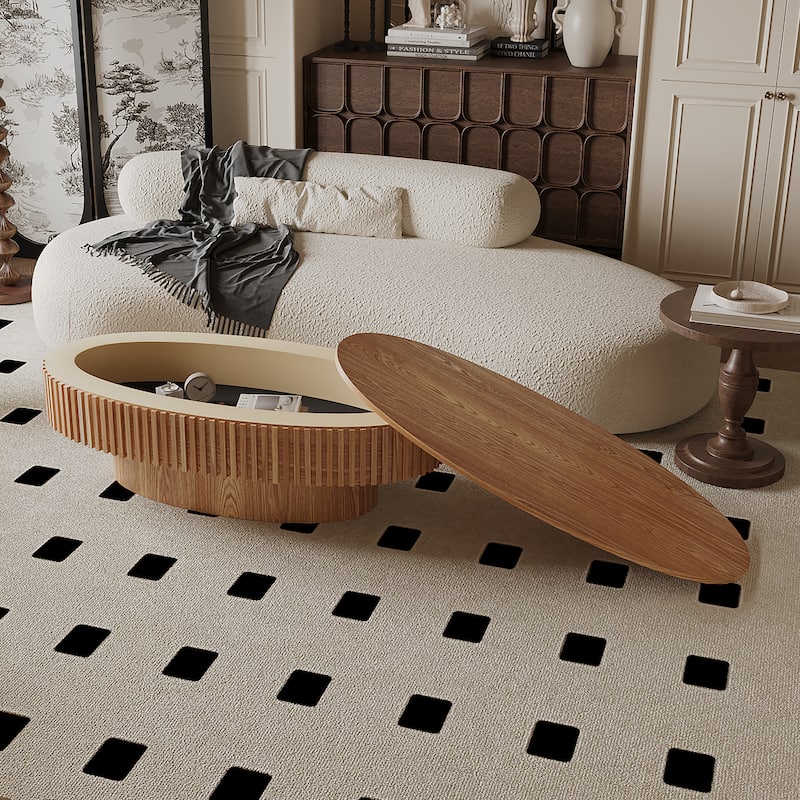 Oval Coffee Table with Storage, Solid Wood Veneered Coffee Table, Modern 47'' Accent Tea Table for Living Room