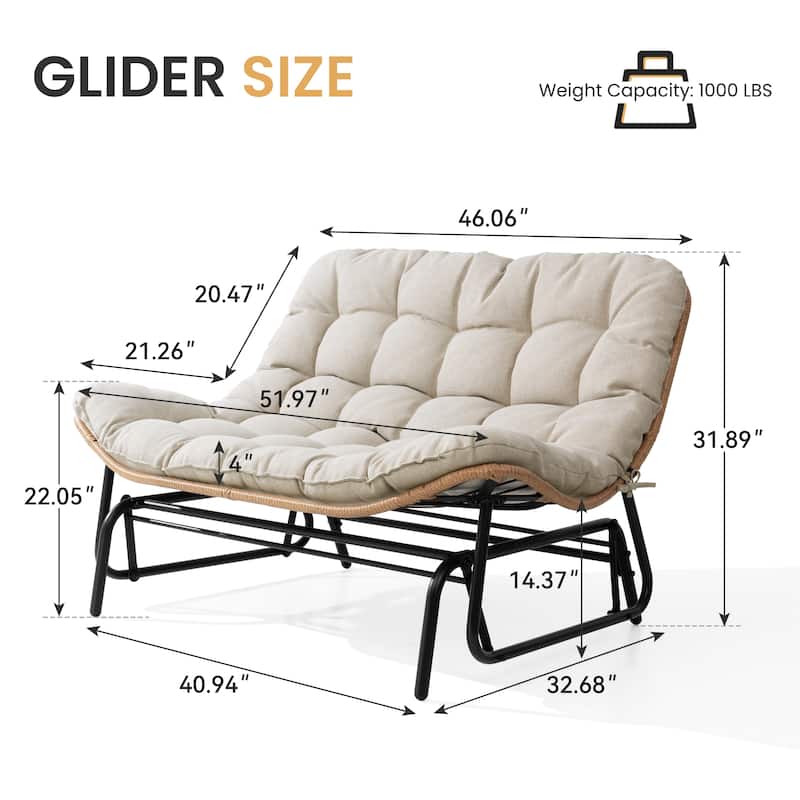Oversized 2-Person Outdoor Glider Rocking Chair Bench Double Papasan Chair Loveseat with Cushion